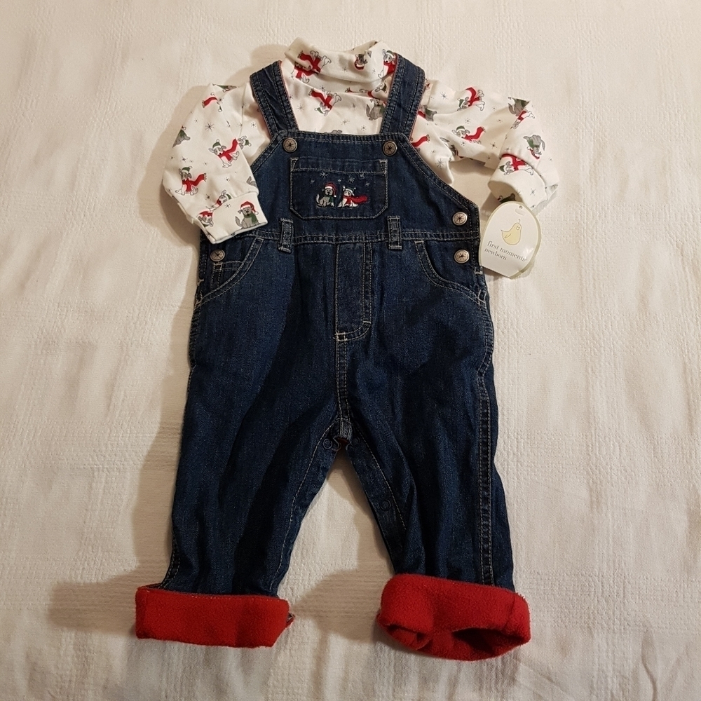 First Moments boys 3-6 months jean overalls & bodysuit NWT Holiday